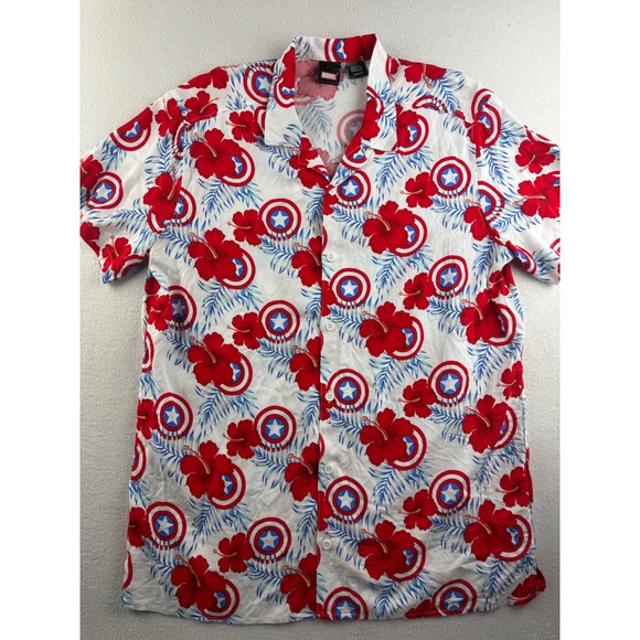 Marvel Other - Marvel Captain America Mens Large White Red Blue Floral Shield Rayon Shirt LG